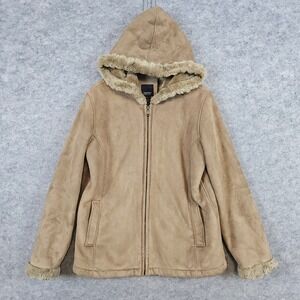 Esprit Outerwear Women's Coat Size M Tan Faux Suede Hooded Fleece Lined SNAG